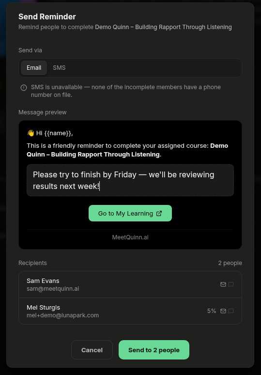 Send Reminder modal with delivery method, message preview, personal note, and recipient list