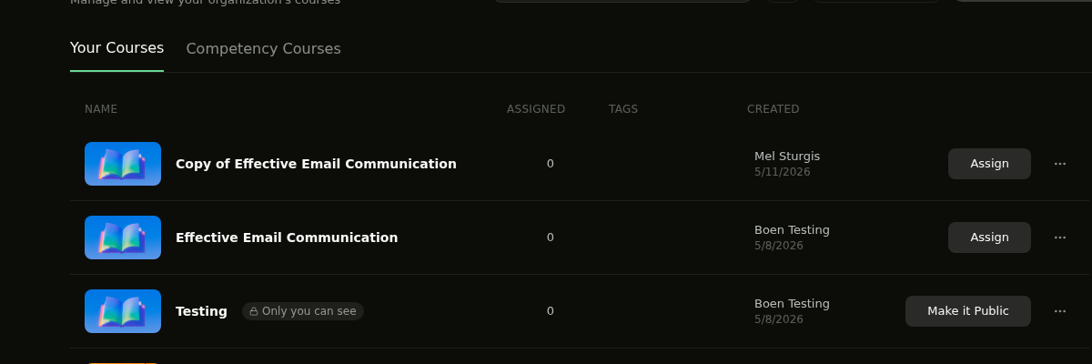 Courses page showing a list of public and private courses