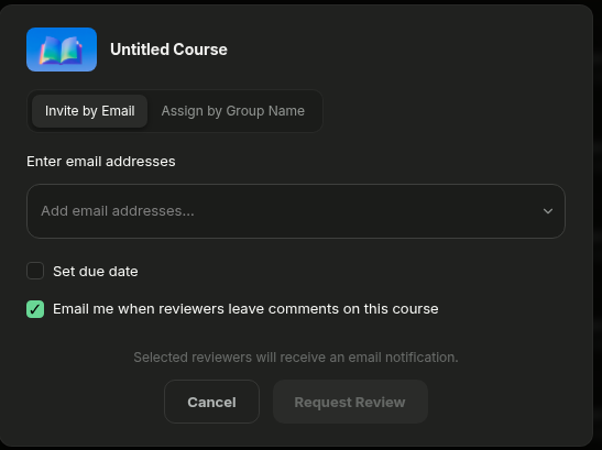 Request Review dialog with the review-comment email checkbox