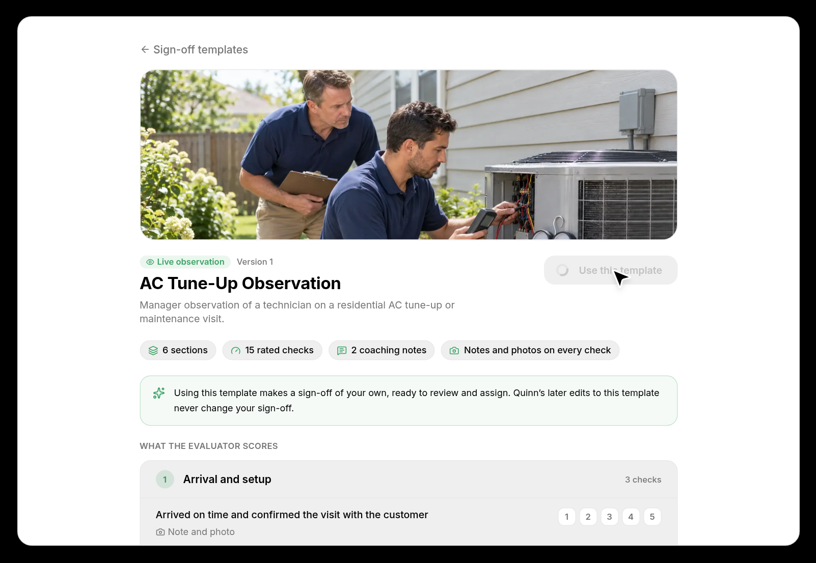 Sign-off template with sections, checks, and the Use template button