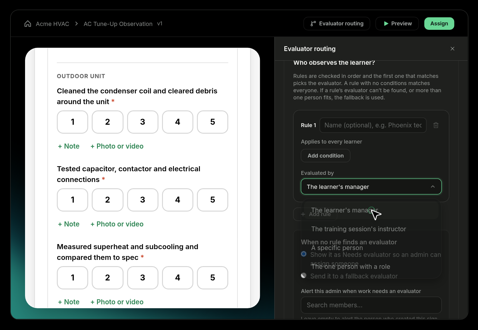 Evaluator routing panel with evaluator rules
