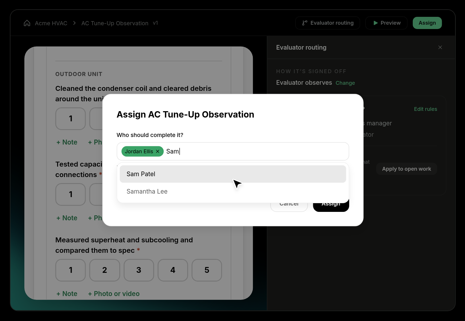 Assign modal listing learners and their evaluators