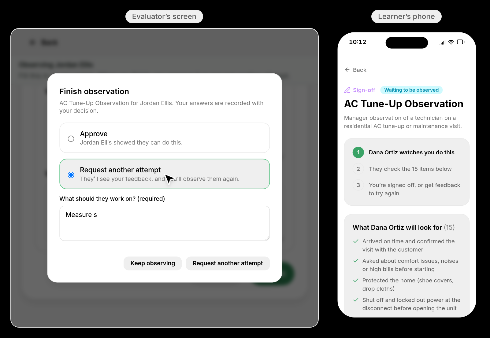 Finish observation dialog with Approve and Request another attempt options