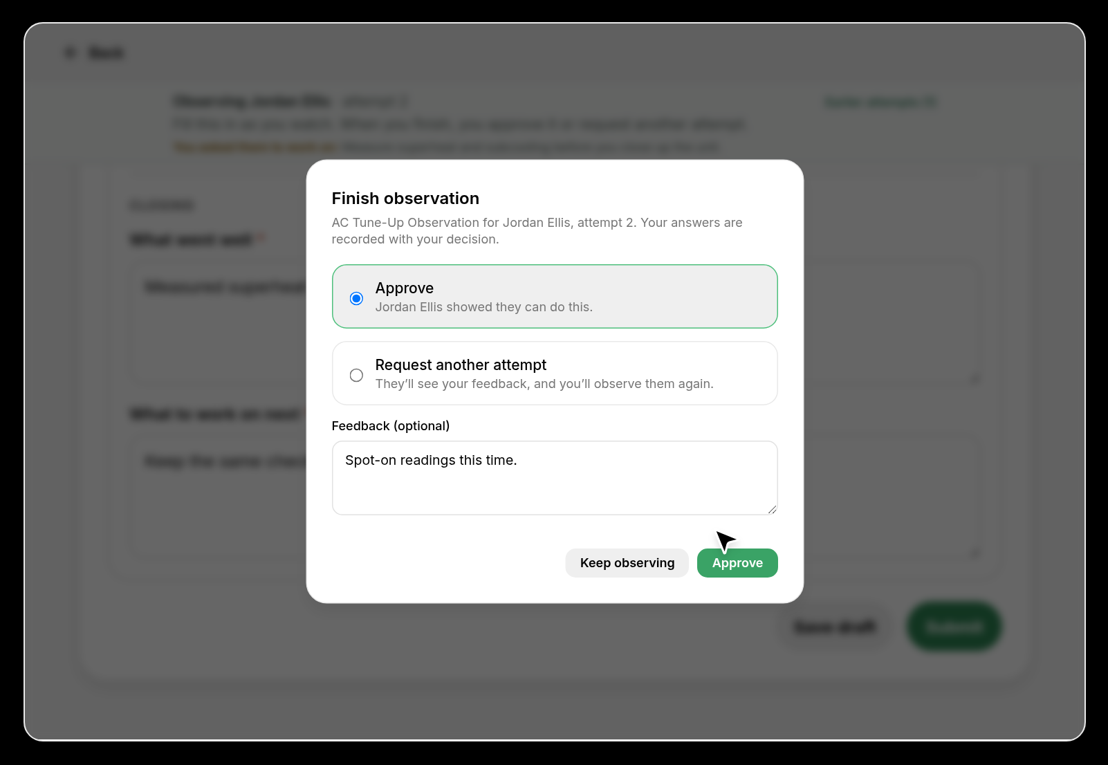 Finish observation dialog with Approve selected