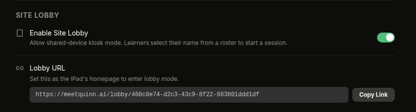 Site Lobby enabled with Lobby URL and Copy Link button