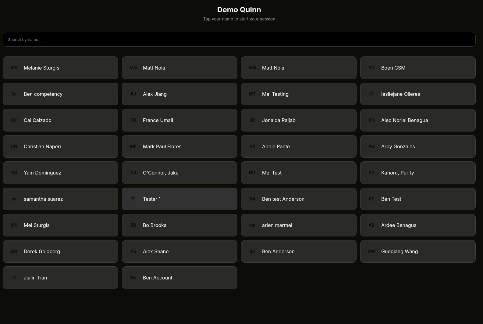 Lobby roster screen showing name grid and search bar