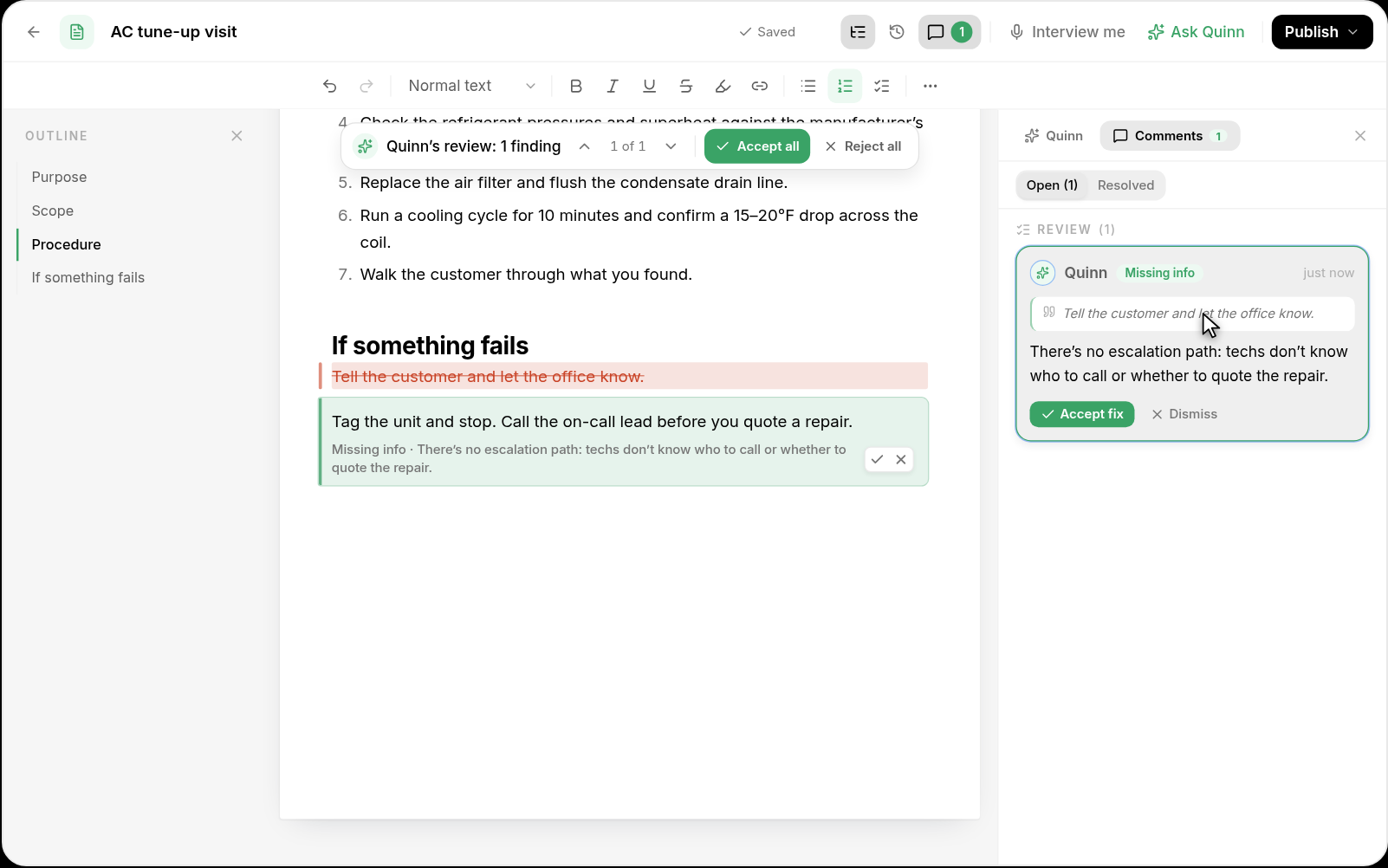 Quinn's review flagging missing info with an Accept fix button