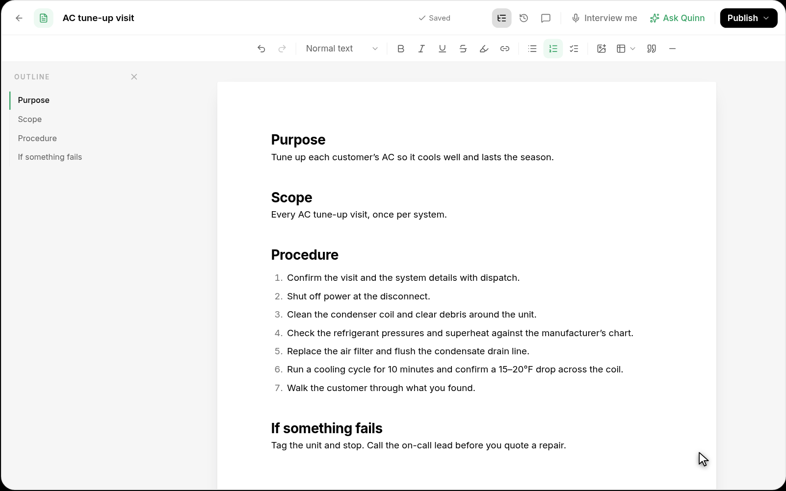 Finished SOP showing Purpose, Scope, Procedure, and If something fails