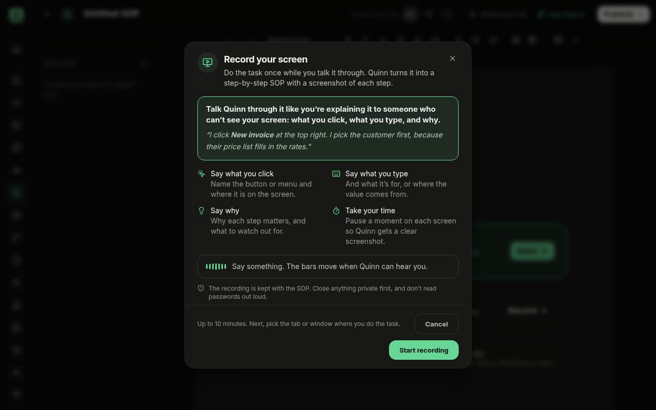 Record your screen dialog with the Start recording button