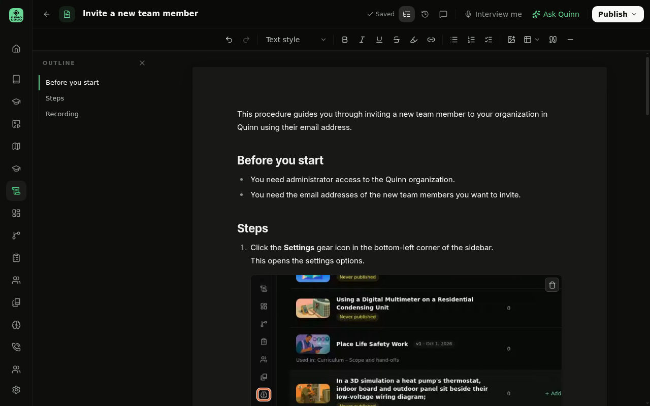 Finished SOP written from a screen recording, with a screenshot under each step