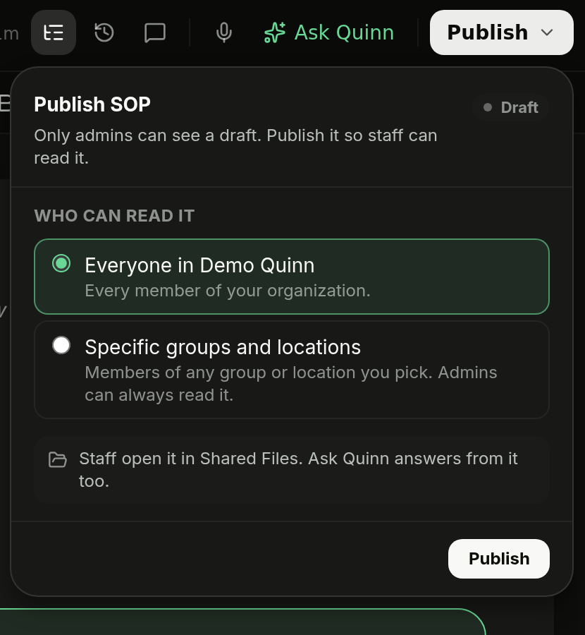 Publish SOP dialog with audience options
