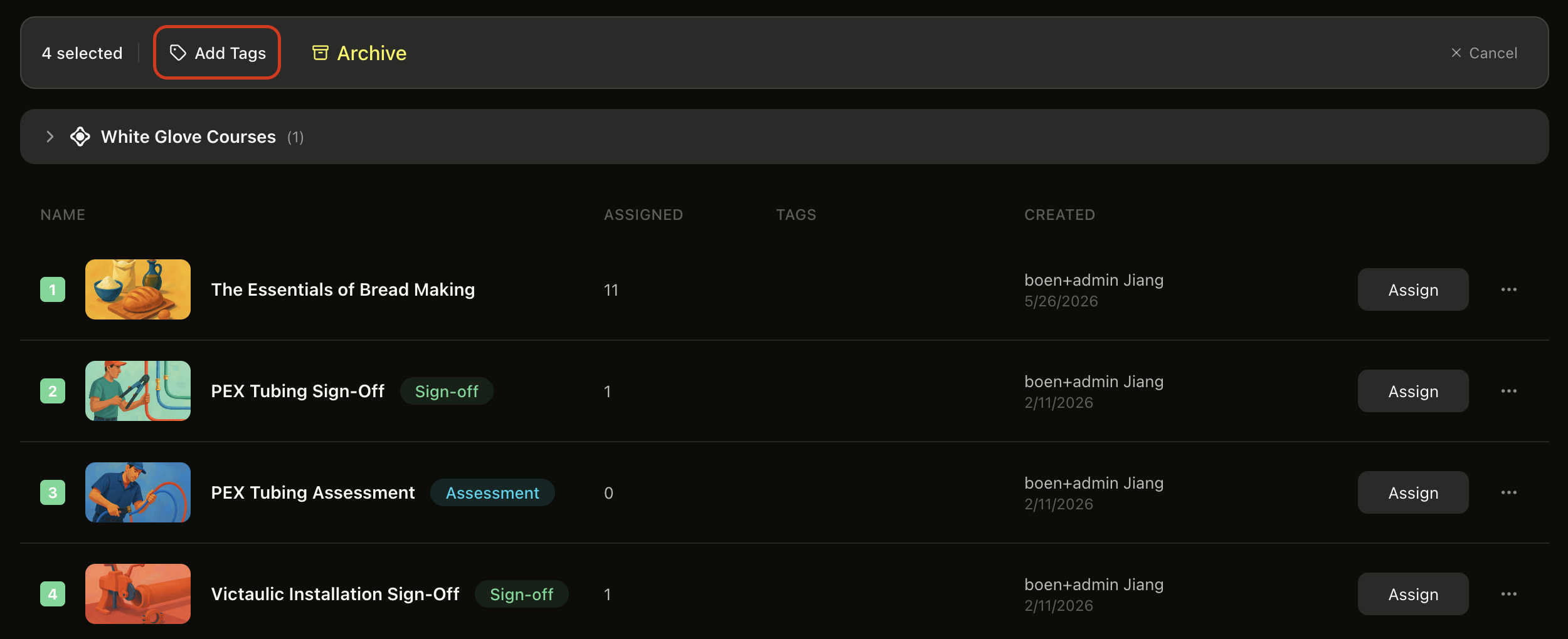 Multi-select mode with courses selected and the Add Tags action highlighted in the toolbar