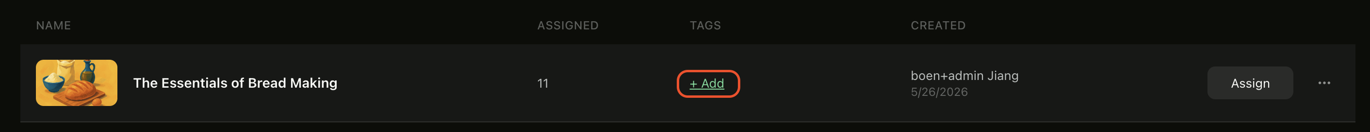 Course row showing the + Add button in the Tags column