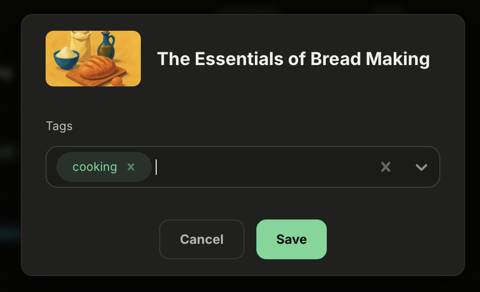 Tag editor modal showing the course name, a cooking tag chip, and Cancel and Save buttons