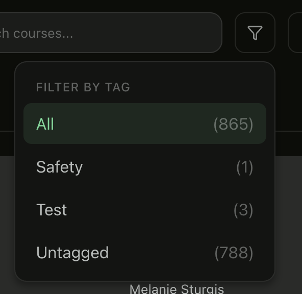 Filter by Tag dropdown showing All, Safety, Test, and Untagged options with course counts