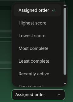 Sort dropdown with options including highest score and recently active