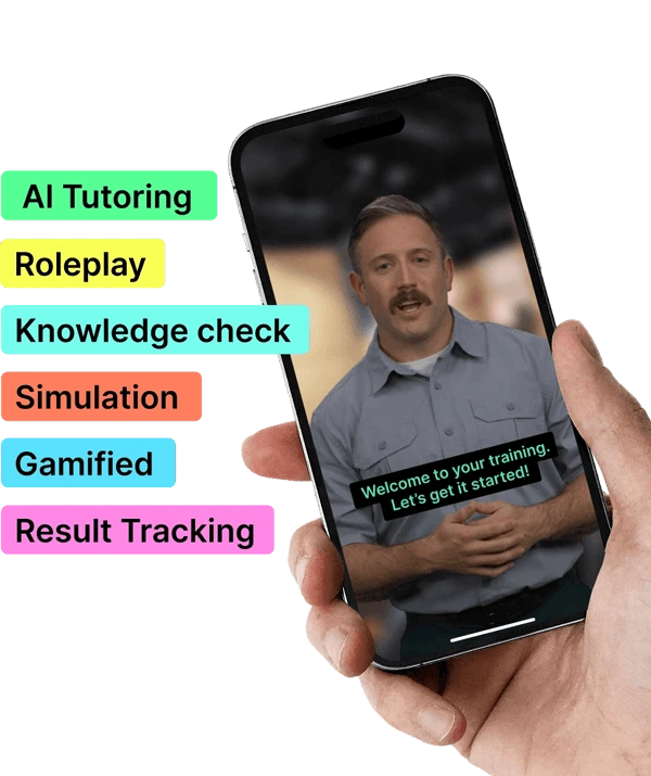 Quinn AI training on a phone — AI Tutoring, Roleplay, Knowledge check, Simulation, Gamified, Result Tracking